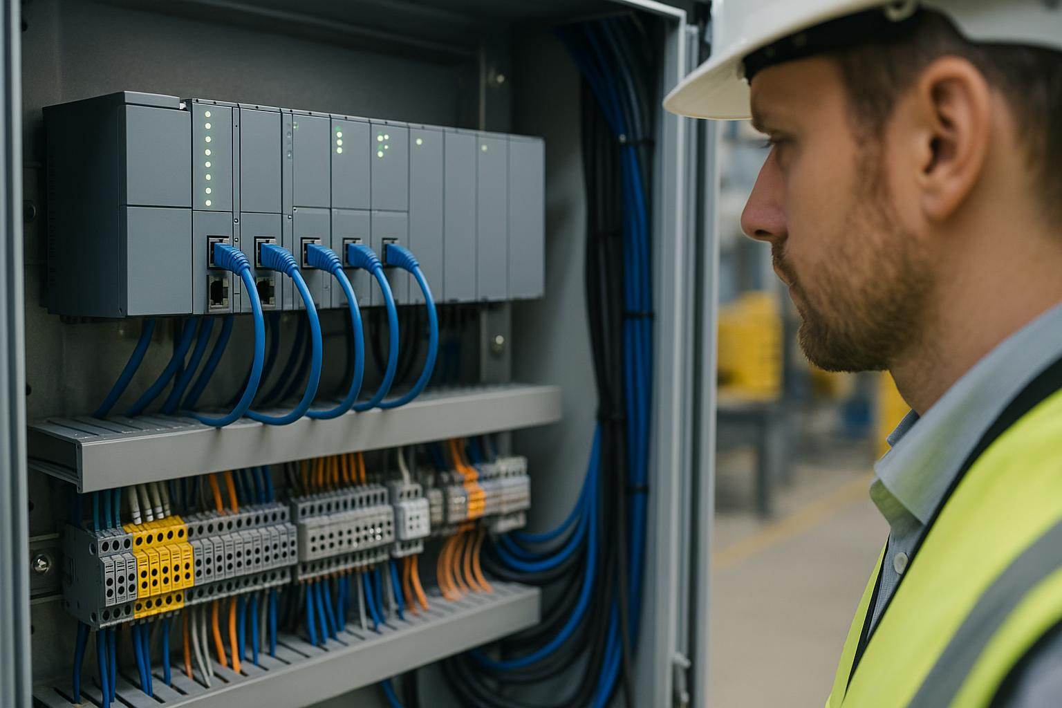 בקרי PLC בתעשייה עם לוחות חשמל מתקדמים ותהליכי ייצור